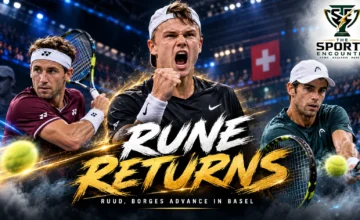 Cinematic tennis illustration featuring Holger Rune, Casper Ruud and Nuno Borges at the 2026 Swiss Indoors Basel, with the official TSE logo and a headline marking Rune's comeback victory.
