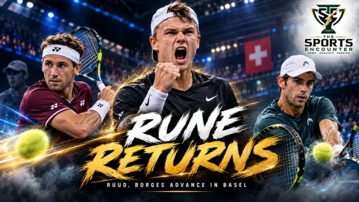 Cinematic tennis illustration featuring Holger Rune, Casper Ruud and Nuno Borges at the 2026 Swiss Indoors Basel, with the official TSE logo and a headline marking Rune's comeback victory.