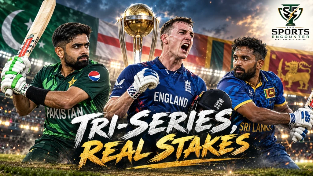 Cinematic cricket illustration featuring Pakistan, Sri Lanka and England players competing for an ODI tri-series trophy, alongside Ricky Ponting and Steven Finn in an analytical montage, with The Sports Encounter's official logo.