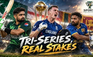 Cinematic cricket illustration featuring Pakistan, Sri Lanka and England players competing for an ODI tri-series trophy, alongside Ricky Ponting and Steven Finn in an analytical montage, with The Sports Encounter's official logo.