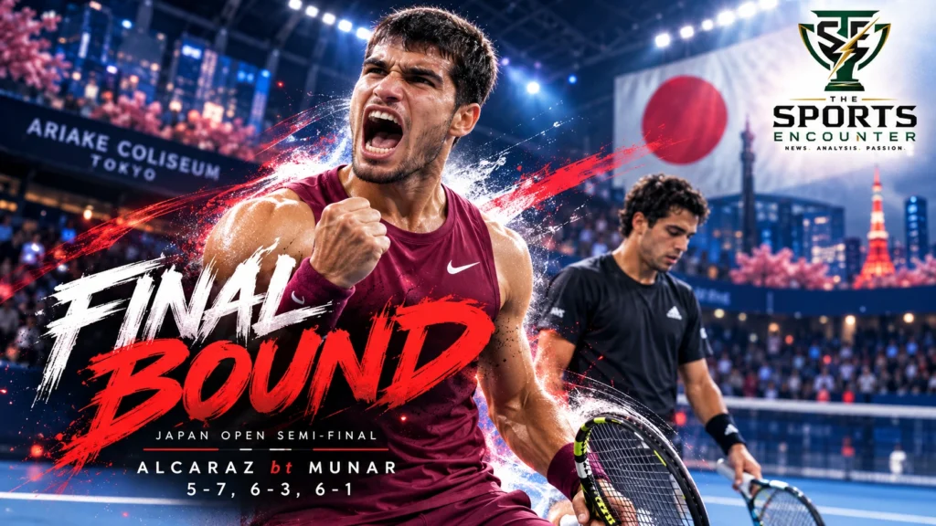 Carlos Alcaraz celebrates after defeating Jaume Munar 5-7, 6-3, 6-1 in the Japan Open 2026 semifinal at Ariake Coliseum in Tokyo.
