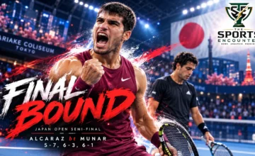 Carlos Alcaraz celebrates after defeating Jaume Munar 5-7, 6-3, 6-1 in the Japan Open 2026 semifinal at Ariake Coliseum in Tokyo.