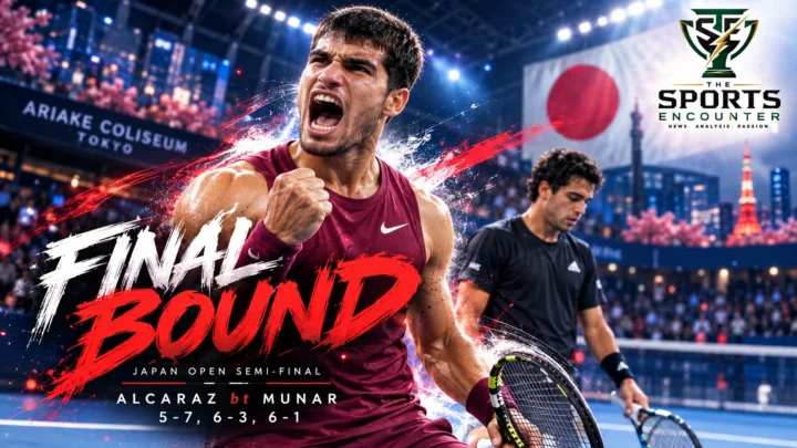 Carlos Alcaraz celebrates after defeating Jaume Munar 5-7, 6-3, 6-1 in the Japan Open 2026 semifinal at Ariake Coliseum in Tokyo.