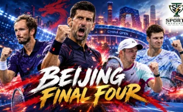 Novak Djokovic celebrates after beating Alexander Zverev as Daniil Medvedev, Alex de Minaur and Hubert Hurkacz complete the China Open 2026 semifinal lineup in Beijing.