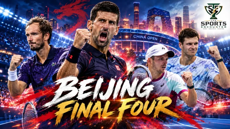 Novak Djokovic celebrates after beating Alexander Zverev as Daniil Medvedev, Alex de Minaur and Hubert Hurkacz complete the China Open 2026 semifinal lineup in Beijing.