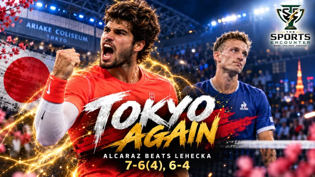 Carlos Alcaraz celebrates after defeating Jiri Lehecka 7-6(4), 6-4 in the 2026 Japan Open final at Ariake Coliseum in Tokyo.