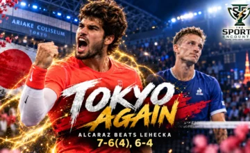 Carlos Alcaraz celebrates after defeating Jiri Lehecka 7-6(4), 6-4 in the 2026 Japan Open final at Ariake Coliseum in Tokyo.