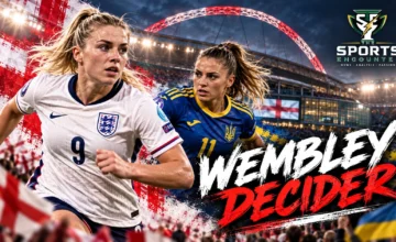 England women's national team players celebrating during 2027 Women's World Cup qualifying, with Wembley Stadium representing their December 5 playoff against Ukraine.