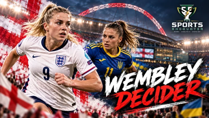 England women's national team players celebrating during 2027 Women's World Cup qualifying, with Wembley Stadium representing their December 5 playoff against Ukraine.