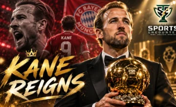 Cinematic editorial illustration of Harry Kane celebrating his 2026 Ballon d'Or victory in London, wearing formal attire with the golden trophy, Bayern Munich colors and The Sports Encounter's official logo.