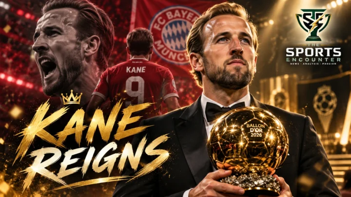 Cinematic editorial illustration of Harry Kane celebrating his 2026 Ballon d'Or victory in London, wearing formal attire with the golden trophy, Bayern Munich colors and The Sports Encounter's official logo.