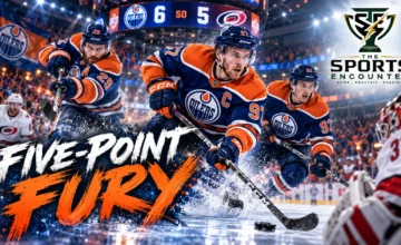 Connor McDavid, Leon Draisaitl and Ryan Nugent-Hopkins in a cinematic Edmonton Oilers illustration celebrating their 6-5 shootout victory over the Carolina Hurricanes.