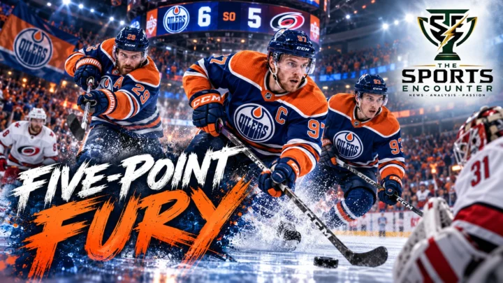 Connor McDavid, Leon Draisaitl and Ryan Nugent-Hopkins in a cinematic Edmonton Oilers illustration celebrating their 6-5 shootout victory over the Carolina Hurricanes.