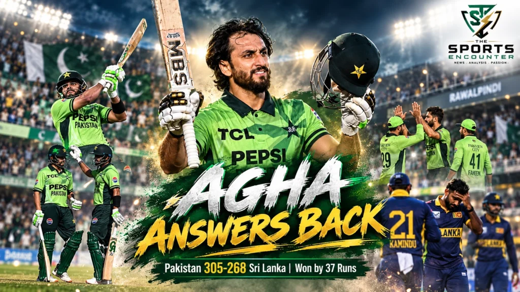 Salman Ali Agha celebrates his 107 against Sri Lanka as Pakistan captain Shaheen Shah Afridi leads the bowling attack during the October 18, 2026 ODI tri-series victory in Rawalpindi.