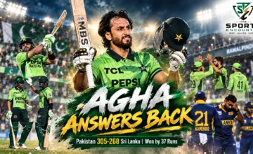 Salman Ali Agha celebrates his 107 against Sri Lanka as Pakistan captain Shaheen Shah Afridi leads the bowling attack during the October 18, 2026 ODI tri-series victory in Rawalpindi.