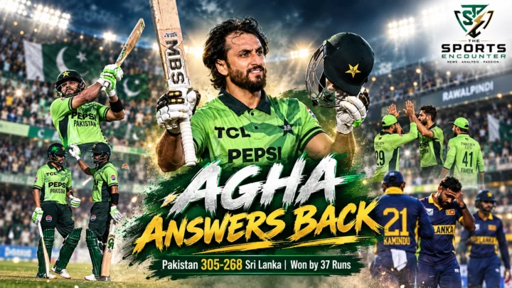 Salman Ali Agha celebrates his 107 against Sri Lanka as Pakistan captain Shaheen Shah Afridi leads the bowling attack during the October 18, 2026 ODI tri-series victory in Rawalpindi.