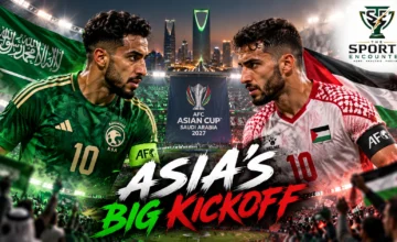 Cinematic illustration of Saudi Arabia and Palestine football players ahead of the January 7, 2027 AFC Asian Cup opening match at King Fahd Sports City Stadium in Riyadh.