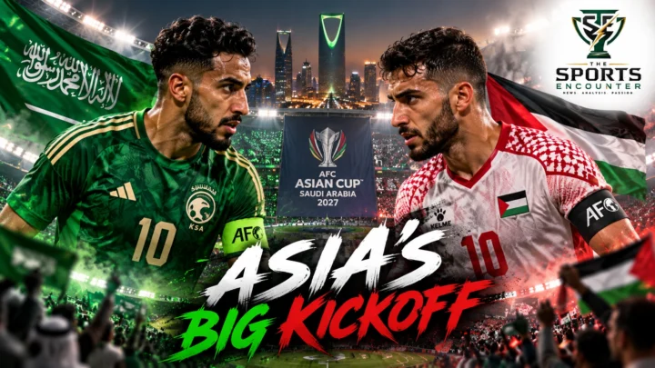 Cinematic illustration of Saudi Arabia and Palestine football players ahead of the January 7, 2027 AFC Asian Cup opening match at King Fahd Sports City Stadium in Riyadh.