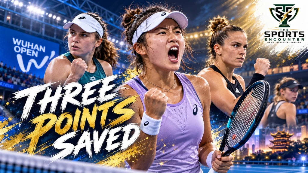 Guo Hanyu celebrates her comeback victory over Sorana Cirstea at the 2026 Wuhan Open, with Daria Snigur and Maria Sakkari featured in the tournament results graphic.