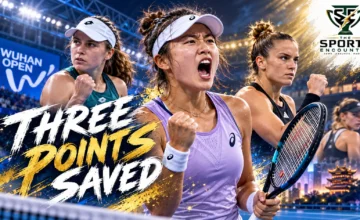 Guo Hanyu celebrates her comeback victory over Sorana Cirstea at the 2026 Wuhan Open, with Daria Snigur and Maria Sakkari featured in the tournament results graphic.