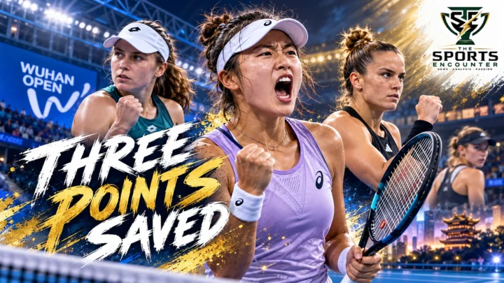 Guo Hanyu celebrates her comeback victory over Sorana Cirstea at the 2026 Wuhan Open, with Daria Snigur and Maria Sakkari featured in the tournament results graphic.