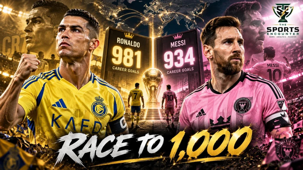 Cristiano Ronaldo wearing Al Nassr's yellow jersey alongside Lionel Messi in Inter Miami's pink kit, illustrating their October 2026 race toward 1,000 senior career goals.
