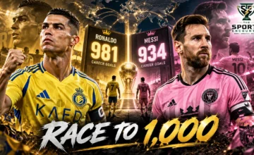 Cristiano Ronaldo wearing Al Nassr's yellow jersey alongside Lionel Messi in Inter Miami's pink kit, illustrating their October 2026 race toward 1,000 senior career goals.