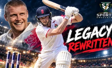 Rocky Flintoff batting for Lancashire alongside Andrew Flintoff imagery, illustrating the records and milestones behind the teenager’s rise through English cricket.