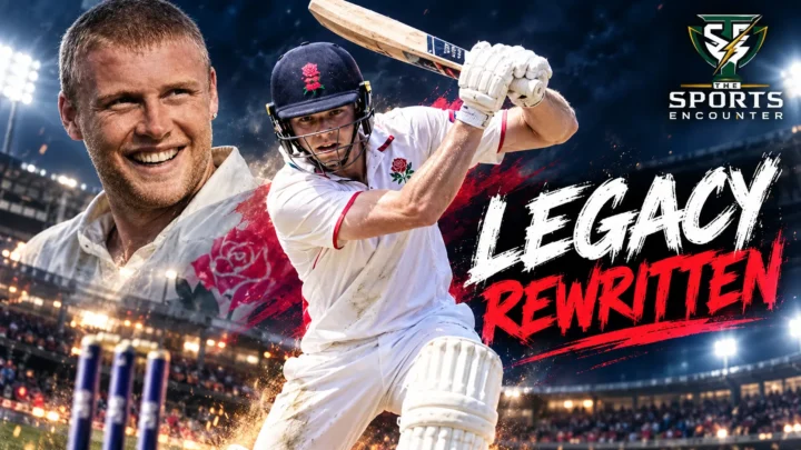 Rocky Flintoff batting for Lancashire alongside Andrew Flintoff imagery, illustrating the records and milestones behind the teenager’s rise through English cricket.