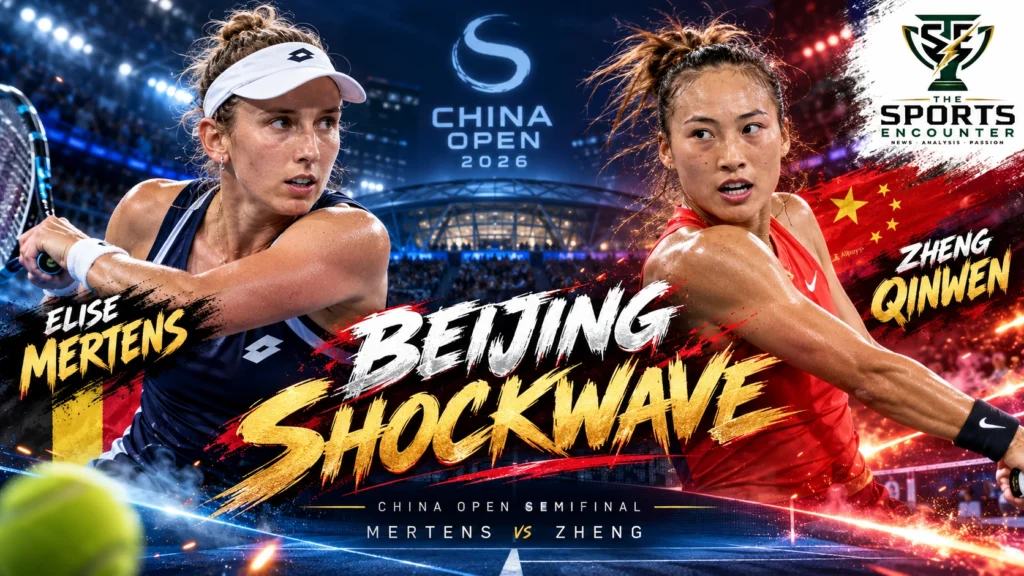 Elise Mertens and Zheng Qinwen at the 2026 China Open in Beijing after reaching the women's singles semifinals.