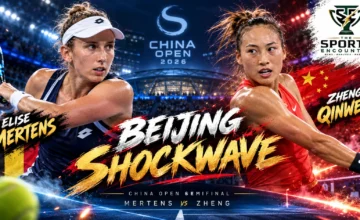 Elise Mertens and Zheng Qinwen at the 2026 China Open in Beijing after reaching the women's singles semifinals.