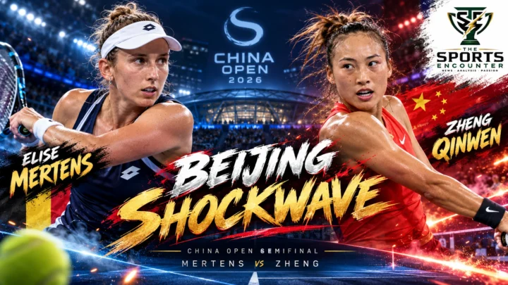 Elise Mertens and Zheng Qinwen at the 2026 China Open in Beijing after reaching the women's singles semifinals.