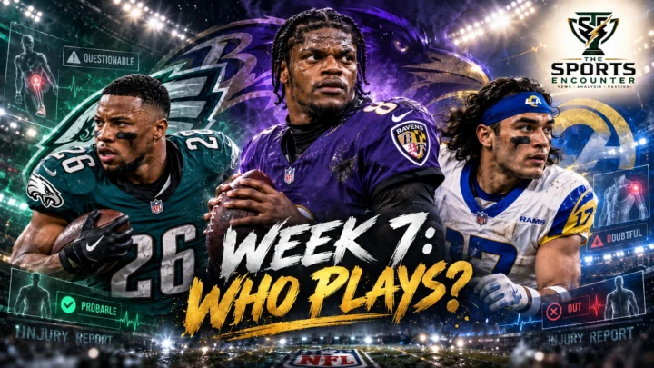 Cinematic NFL Week 7 injury report graphic featuring Lamar Jackson, Saquon Barkley and Puka Nacua, highlighting their uncertain availability for the October 25-26, 2026 games.