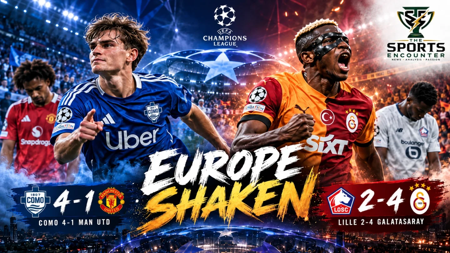Editorial illustration of Como's Nico Paz celebrating the 4-1 Champions League victory over Manchester United alongside Galatasaray's Victor Osimhen celebrating the 4-2 win against Lille on October 21, 2026.