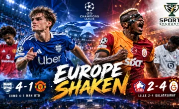 Editorial illustration of Como's Nico Paz celebrating the 4-1 Champions League victory over Manchester United alongside Galatasaray's Victor Osimhen celebrating the 4-2 win against Lille on October 21, 2026.