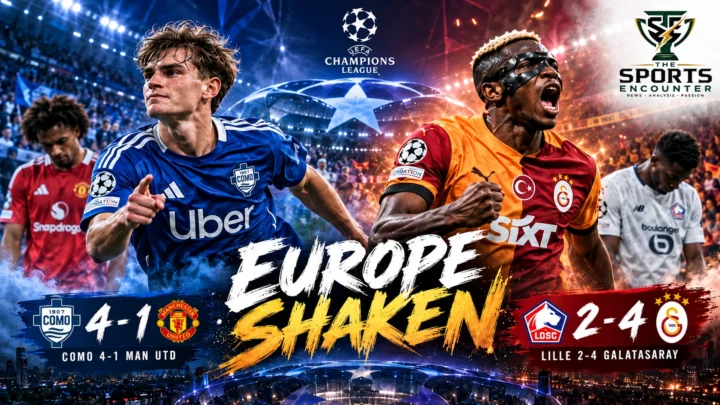 Editorial illustration of Como's Nico Paz celebrating the 4-1 Champions League victory over Manchester United alongside Galatasaray's Victor Osimhen celebrating the 4-2 win against Lille on October 21, 2026.