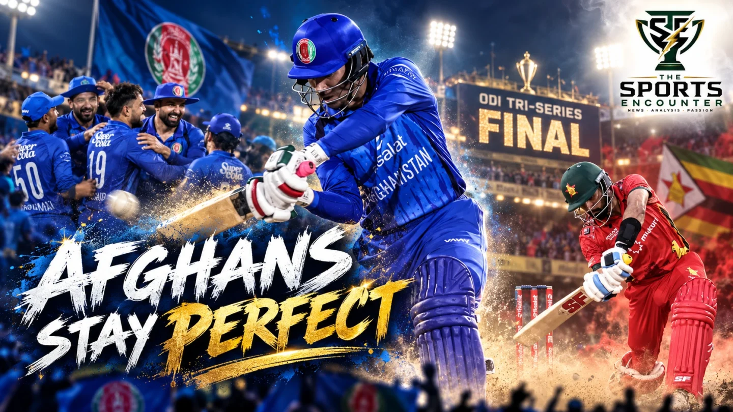 Afghanistan cricketers celebrating their seven-wicket victory over Zimbabwe in the UAE ODI Tri-Series final at Sharjah on October 23, 2026.