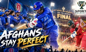 Afghanistan cricketers celebrating their seven-wicket victory over Zimbabwe in the UAE ODI Tri-Series final at Sharjah on October 23, 2026.