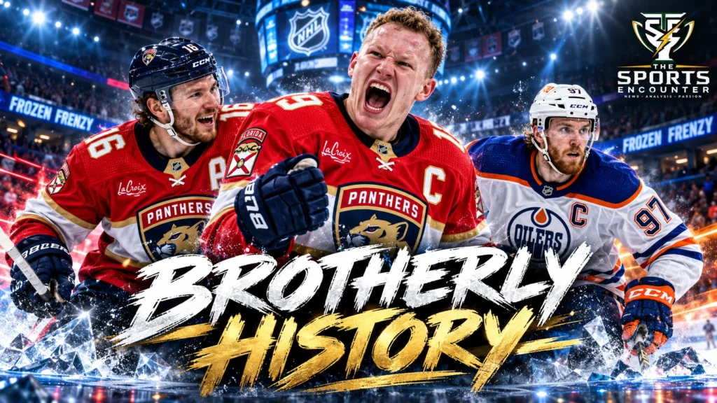 Brady and Matthew Tkachuk celebrating Florida's historic hat trick, with Connor McDavid and Jack Hughes representing the standout performances from the October 13, 2026, NHL Frozen Frenzy.