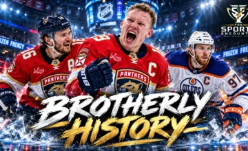 Brady and Matthew Tkachuk celebrating Florida's historic hat trick, with Connor McDavid and Jack Hughes representing the standout performances from the October 13, 2026, NHL Frozen Frenzy.