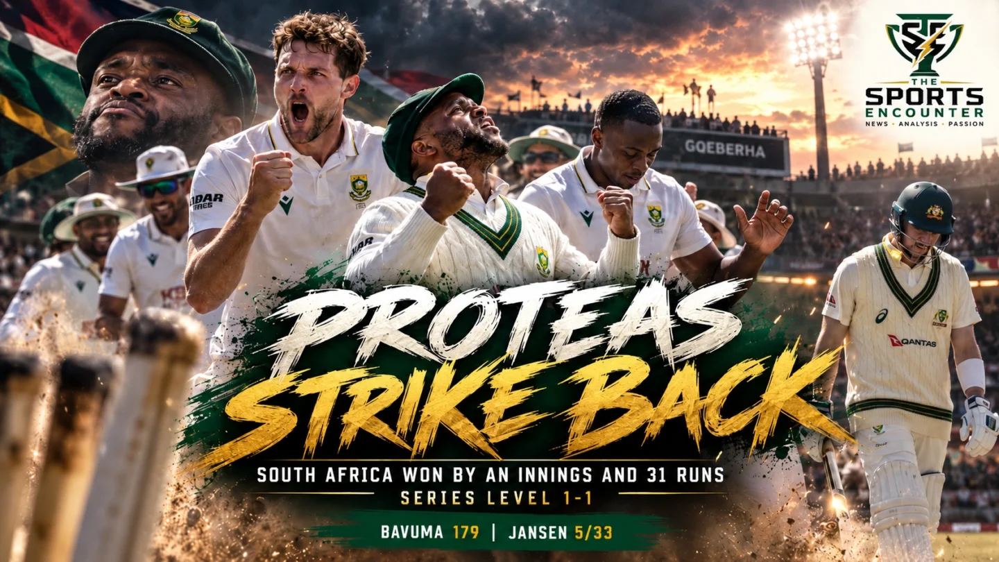 South Africa captain Temba Bavuma celebrates his career-best 179 against Australia at St George's Park, Gqeberha, as the Proteas complete an innings-and-31-run victory in October 2026.