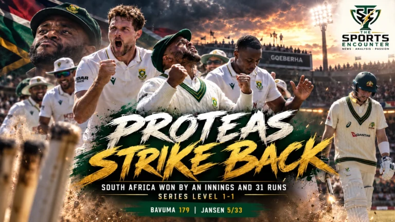 South Africa captain Temba Bavuma celebrates his career-best 179 against Australia at St George's Park, Gqeberha, as the Proteas complete an innings-and-31-run victory in October 2026.