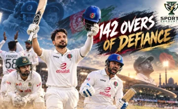 Afghanistan's Sediqullah Atal batting during his 332-ball century and Qais Ahmad celebrating the final six against Bangladesh in the drawn Abu Dhabi Test on October 13, 2026.