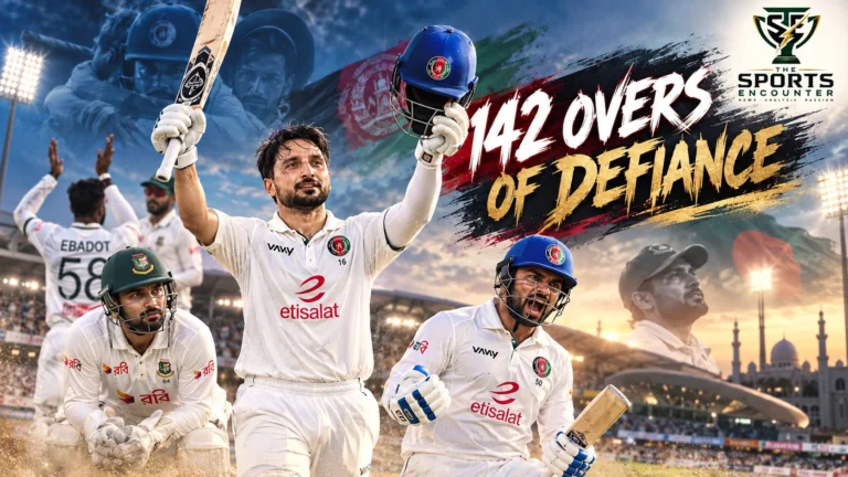 Afghanistan's Sediqullah Atal batting during his 332-ball century and Qais Ahmad celebrating the final six against Bangladesh in the drawn Abu Dhabi Test on October 13, 2026.