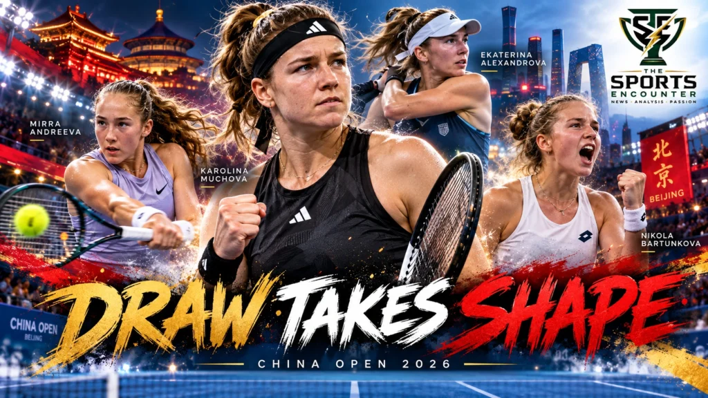 Karolina Muchova, Mirra Andreeva, Ekaterina Alexandrova and Nikola Bartunkova after advancing in the China Open 2026 women’s Round of 16 in Beijing.