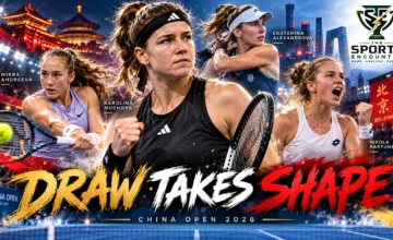 Karolina Muchova, Mirra Andreeva, Ekaterina Alexandrova and Nikola Bartunkova after advancing in the China Open 2026 women’s Round of 16 in Beijing.