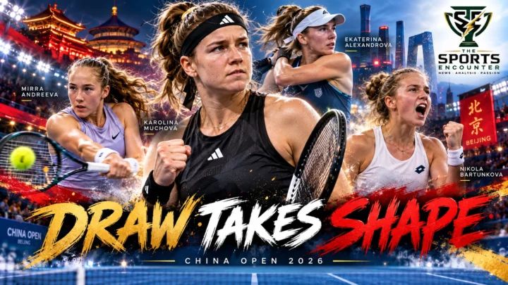 Karolina Muchova, Mirra Andreeva, Ekaterina Alexandrova and Nikola Bartunkova after advancing in the China Open 2026 women’s Round of 16 in Beijing.