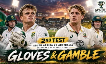 Ryan Rickelton and Matthew Breetzke of South Africa alongside Australia's Cameron Green and Matt Renshaw in a second Test preview graphic for Gqeberha, October 2026.