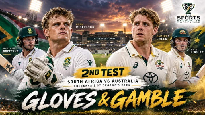 Ryan Rickelton and Matthew Breetzke of South Africa alongside Australia's Cameron Green and Matt Renshaw in a second Test preview graphic for Gqeberha, October 2026.