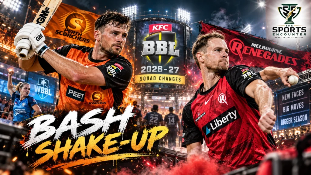 Editorial illustration of Aneurin Donald in Perth Scorchers colors alongside Big Bash cricket imagery, highlighting major BBL and WBBL squad changes ahead of the 2026-27 season.